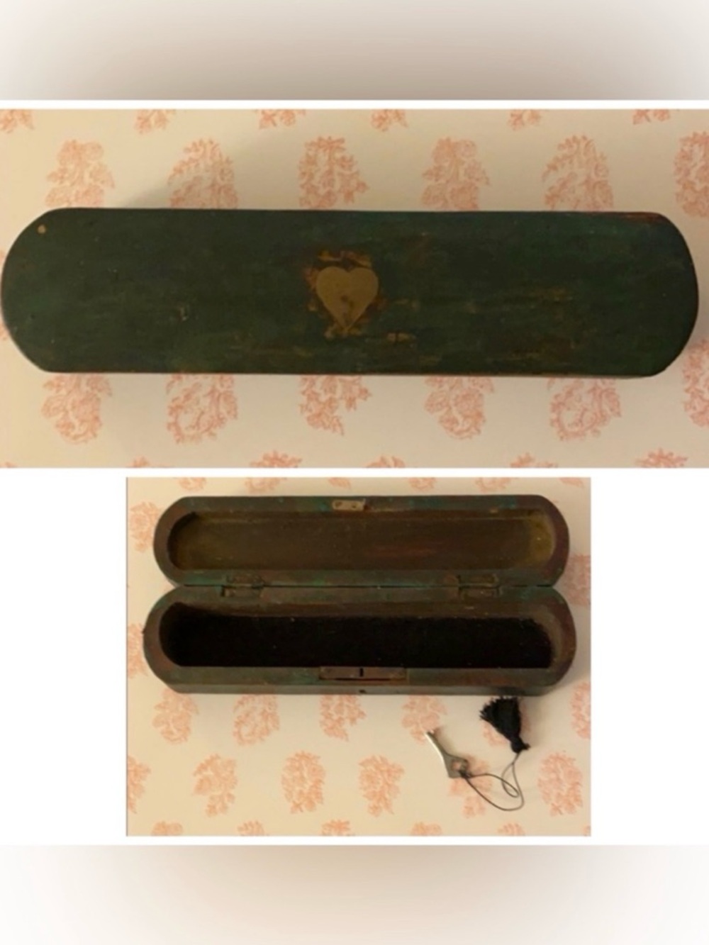 Vintage Wooden Oblong Green Decorative Container 10” x 2.5” x 1.75” tall W/Key